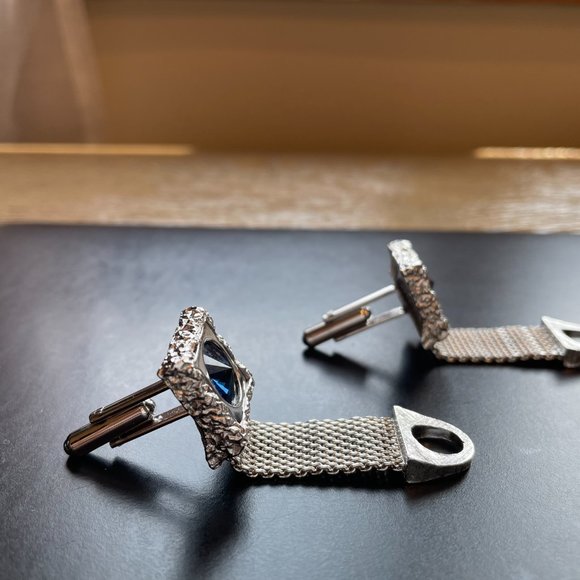 Silver Mess Cufflink Square Shape with Round Blue Stone - Vintage 1970's - Picture 5 of 12